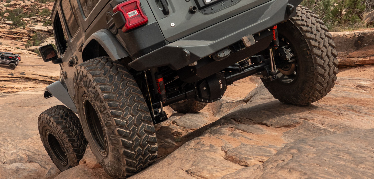 Jeep with ECGS axle on a rocky trail