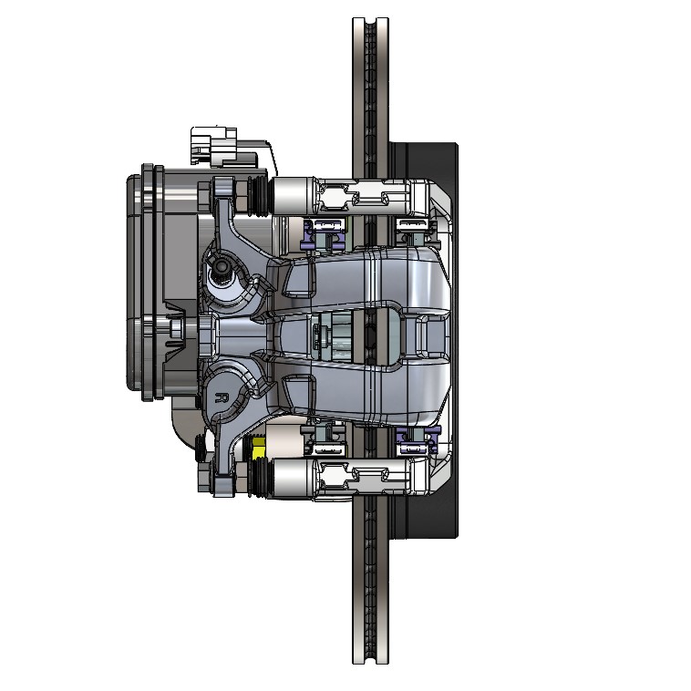 EPBX side-profile CAD showing caliper and rotor depth